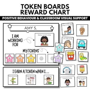 Puede incluir: Una tabla de recompensas con el texto TOKEN BOARDS REWARD CHART y POSITIVE BEHAVIOUR & CLASSROOM VISUAL SUPPORT. Incluye una sección I AM WORKING FOR, un área MY TOKENS con fichas de estrellas coloridas y una sección I EARN A TOKEN WHEN I.