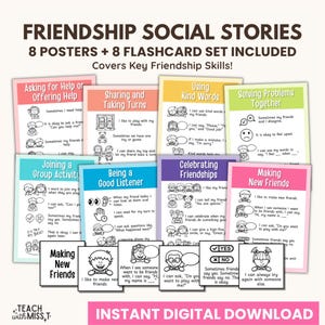 May include: A set of colorful posters and flashcards titled "Friendship Social Stories." The set includes 8 posters and 8 flashcards covering key friendship skills. The image features text and illustrations on a light pink background.