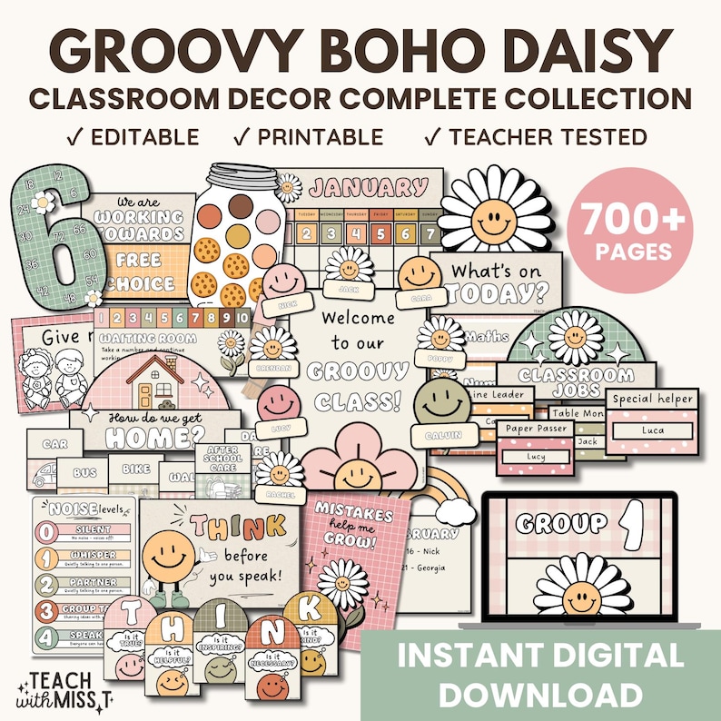 Groovy Boho Daisy Classroom Decor Bundle | Editable Classroom ...