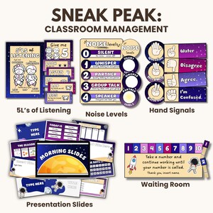 May include: Classroom management resources with a space theme.  Includes posters for 5'Ls of Listening, noise levels, and hand signals.  Also includes a set of morning slides with a moon and astronaut theme, and a waiting room number system with an astronaut graphic.
