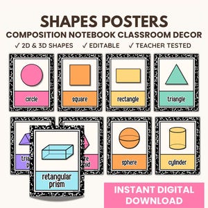 Puede incluir: Pósteres de formas geométricas para la decoración del aula. Cada póster presenta una forma 2D o 3D, como un círculo, un cuadrado o un prisma rectangular, con el nombre de la forma debajo. El diseño imita las páginas de un cuaderno.