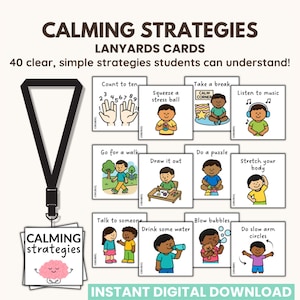 Pode incluir: Um conjunto de cartões "Estratégias de Calma" em um cordão, com ilustrações e texto. Os cartões apresentam estratégias como "Contar até dez", "Fazer uma pausa" e "Ouvir música". O cordão é preto, e os cartões são para estudantes.