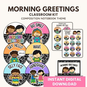 Könnte beinhalten: Ein Klassensatz mit einem Kompositionsnotizbuch-Thema. Das Design umfasst kreisförmige Grafiken mit Kindern und Sätzen wie "Morning Greetings!" und "Say Hello". Ein Laptop zeigt das gleiche Design. Der Text lautet "Sofortiger digitaler Download."
