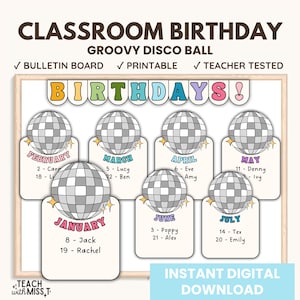 Disco Ball Classroom Birthday Display | Retro Birthday Bulletin Board Display Bundle | Back to School Birthday Decor Printables