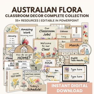 Könnte beinhalten: Klassenzimmerdekoration mit Illustrationen der australischen Flora. Enthält Schilder mit Texten wie "Willkommen in unserer Klasse!", "Tolle Arbeit" und "Tagesplan!" Ein Laptop zeigt editierbare Vorlagen.