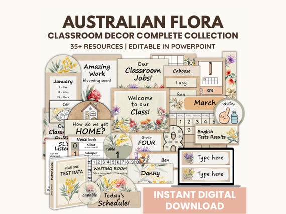 Australian Flora Classroom Decor Bundle | Neutral Classroom Decor Bundle | Editable Classroom Printables | Back to School