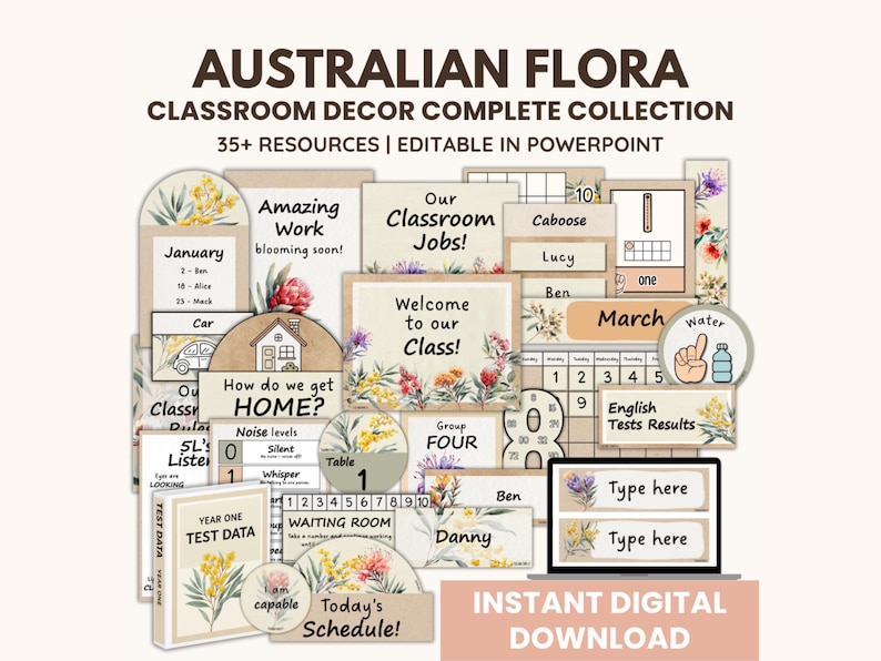 Może przedstawiać: Kolekcja dekoracji do klasy z ilustracjami australijskiej flory. Zawiera znaki z tekstem, takim jak "Witamy w naszej klasie!", "Niesamowita praca" i "Dzisiejszy harmonogram!" Laptop wyświetla edytowalne szablony.