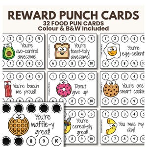 May include: Reward punch cards with food puns, including avocado, toast, egg, bacon, donut, cookie, waffle, cereal, and macaroni. Each card has a space for punches and a food-related pun. The text reads "32 Food Pun Cards, Colour & B&W Included."