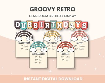 Verjaardagsdisplay in retro klaslokaal: groovy bulletinboard (digitale download)