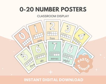 May include: A set of 20 printable number posters for classroom display. Each poster features a number from 0 to 20, with a corresponding number of dots and the word for the number. The posters are in pastel colors and have a rainbow theme.