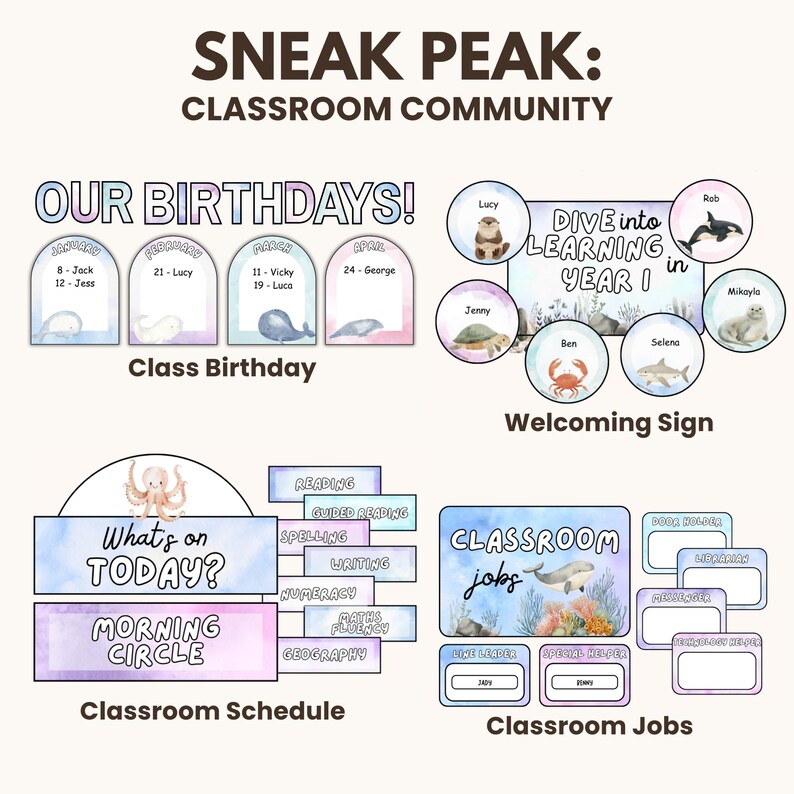 May include: A set of printable classroom decor featuring a watercolor ocean theme. The set includes a welcome sign, birthday chart, classroom schedule, and classroom jobs chart. The signs feature various sea creatures, including a crab, a shark, a seal, a turtle, and an octopus.