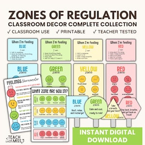 Paquete de exhibición de zonas de regulación / Paquete escolar de exhibición de emociones / Póster de termómetro de sentimientos para niños / Estrategias de autorregulación