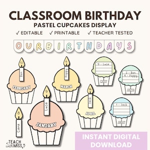 Cupcake Birthday Display Bundle | Pastel Rainbow Classroom Birthday Display Kit | Bulletin Board Birthday Display Printable