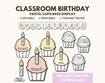 Pastel Rainbow Cupcake Birthday Classroom Display Kit (Digital Download)
