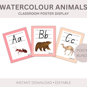 Watercolour Alphabet Posters Animal Printable | ABC Alphabet Posters Letters | A to Z Classroom Decor | Classroom Alphabet Display Pack
