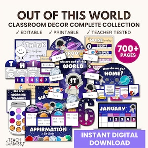 Könnte beinhalten: Ein farbenfroher Satz an druckbaren Klassendekorationen mit Weltraumthema. Das Set enthält Poster, Charts und andere wichtige Dinge für den Unterricht mit Astronauten- und Planetenillustrationen. Der Text "OUT OF THIS WORLD" ist im Titel zu sehen.