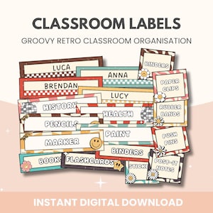 Groovy Retro Classroom Labels Template | Classroom Labels Editable Templates | Retro Groovy Classroom Decor | Classroom Organization Labels