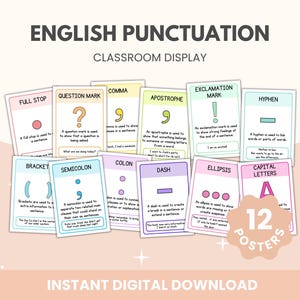 Punctuation Posters | Punctuation Marks And When To Use Them | Classroom Decor Printables | English Posters for Kids | Punctuation Displays