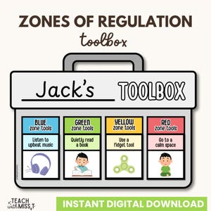 May include: A white toolbox graphic with the text "Jack's TOOLBOX" and "ZONES OF REGULATION toolbox". The toolbox is divided into four sections: Blue, Green, Yellow, and Red zone tools, each with a corresponding activity and illustration. The bottom of the image reads "INSTANT DIGITAL DOWNLOAD".