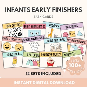 May include: A set of 12 colourful task cards for infants and toddlers. The cards feature various activities such as "Odd One Out!" "What Shape Am I?" "Bigger?" "2D Shapes" "What's the Opposite?" "Animal Adventures!" "Count and Draw" "What Number Am I?" "Draw Me A..." "Letter Hunt" "Rhyming Words" and "Write It!" The text "Over 100+ Task Cards" is also visible on the image.