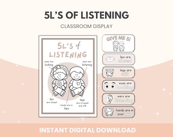 5L&#39;s of Listening Poster | Neutral 5L&#39;s of Listening Display Bundle | Listening Classroom Management Display Printable | Neutral Classroom