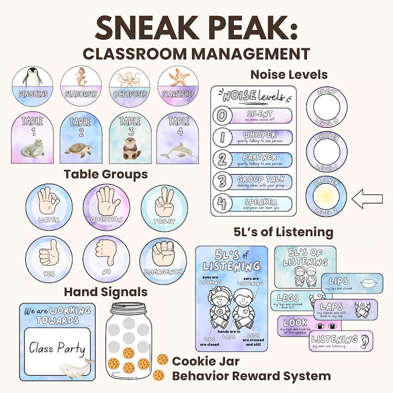 May include: Classroom management chart with a blue and purple ocean theme. The chart includes table groups, noise levels, hand signals, and a cookie jar behavior reward system. The chart features illustrations of sea creatures, such as penguins, seahorses, octopuses, and starfish.