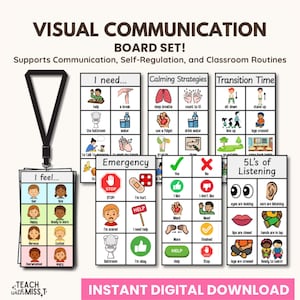 May include: A visual communication board set with cards for communication, self-regulation, and classroom routines. The set includes cards labelled "I feel...", "I need...", "Calming Strategies", "Transition Time", "Emergency", "Yes/No", and "5L's of Listening". Instant digital download.