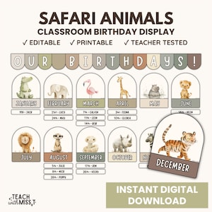 Bundel met verjaardagsdisplay voor Safari Classroom | Prikborddecoratie jungledieren | Printables Safari aquarel klaslokaal