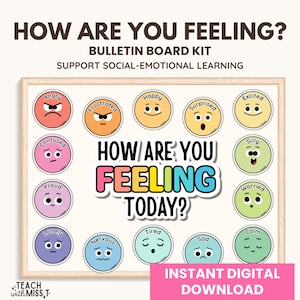 May include: A bulletin board kit titled "How Are You Feeling?" features a wooden frame with colourful circles depicting various emotions like angry, happy, and sad. The text "How Are You Feeling Today?" is prominently displayed.