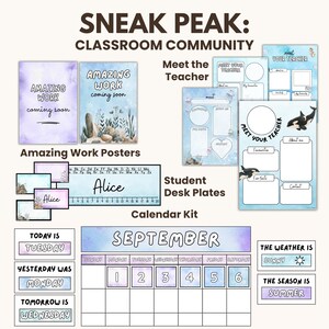 May include: A classroom community set with a watercolor ocean theme. The set includes posters that say "Amazing Work Coming Soon", a calendar kit with a September calendar, student desk plates, and a "Meet Your Teacher" poster with a whale graphic.