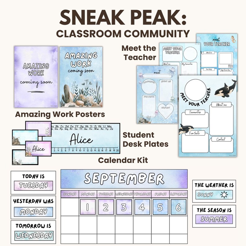 May include: A classroom community set with a watercolor ocean theme. The set includes posters that say "Amazing Work Coming Soon", a calendar kit with a September calendar, student desk plates, and a "Meet Your Teacher" poster with a whale graphic.