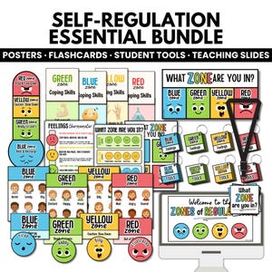 May include: A self-regulation essential bundle featuring posters, flashcards, student tools, and teaching slides. The collection includes colourful charts, thermometers, and cards labelled with blue, green, yellow, and red zones to help identify emotions.