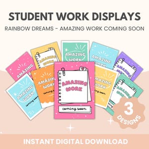 Rainbow Dreams Amazing Work Coming Soon Posters | Rainbow Classroom Student Work Display | Classroom Decor Kit | Bulletin Board Decor