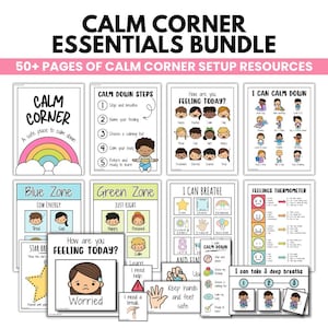 May include: A digital bundle of over 50 printable pages titled Calm Corner Essentials Bundle, featuring educational posters and cards with illustrations of children, feelings charts, breathing exercises, and zone regulation tools.