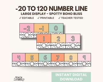 Könnte beinhalten: Eine farbenfrohe Zahlenliniendarstellung mit dem Text "-20 TO 120 NUMBER LINE" und "LARGE DISPLAY - SPOTTY BOHO BLISS." Die Zahlen -2 bis 9 werden in rechteckigen Blöcken mit gepunktetem Rand angezeigt. Der Text "EDITABLE," "PRINTABLE," und "TEACHER TESTED" ist ebenfalls enthalten.