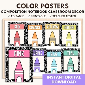 May include: A framed print featuring color posters for classroom decor. Each poster displays a crayon in a different color: red, orange, yellow, green, pink, purple, blue, and teal. The text includes "COLOR POSTERS" and "INSTANT DIGITAL DOWNLOAD."
