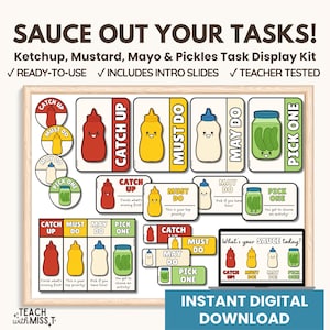 Pode incluir: Um kit de exibição de tarefas com o texto "SAUCE OUT YOUR TASKS!" com ketchup, mostarda, maionese e picles. O kit inclui slides prontos para uso e é testado por professores. Inclui download digital.