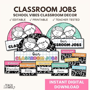 Classroom Job Cards Display | Classroom Job Board Editable | Classroom Management Resources | Composition Notebook Theme