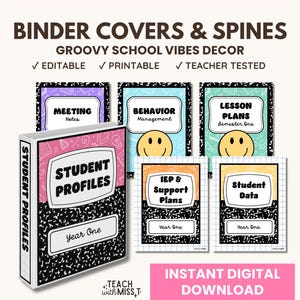 Peut inclure: Couvertures et dos de classeurs sur le thème de l'école groovy. L'image montre plusieurs couvertures de classeurs avec des titres tels que "Student Profiles", "Meeting Notes" et "Lesson Plans". Les couvertures ont un design de papier de cahier et sont étiquetées comme modifiables et imprimables.