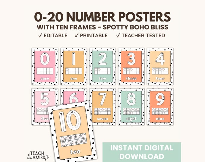 Number Ten Frames Classroom Editable Posters, Modern Boho Counting ...