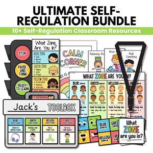 May include: A collection of self-regulation classroom resources. The bundle includes a traffic light visual aid, zone charts, a toolbox, and cards with emotional expressions. The text includes "Ultimate Self-Regulation Bundle" and "What Zone Are You In?"