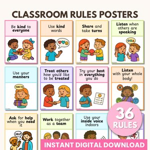 Può includere: Una serie di poster colorati con le regole della classe con illustrazioni di bambini. Ogni poster presenta una regola come "Sii gentile con tutti" e "Usa parole gentili". I poster sono progettati per uso educativo.