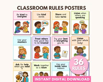 May include: A set of colorful classroom rules posters with illustrations of children. Each poster features a rule such as "Be kind to everyone" and "Use kind words". The posters are designed for educational use.