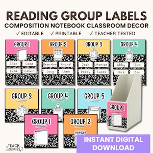 Composition Notebook Classroom Decor | Reading Group Labels | Bright Classroom Organization Labels | Classroom Management