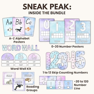 May include: A sneak peek inside a bundle of educational posters for kids. The posters feature a watercolor background with a pastel color scheme. The posters include the alphabet, numbers 0-20, skip counting numbers 1-12, and a number line from -20 to 120. The posters also include word wall cards and reading group cards.