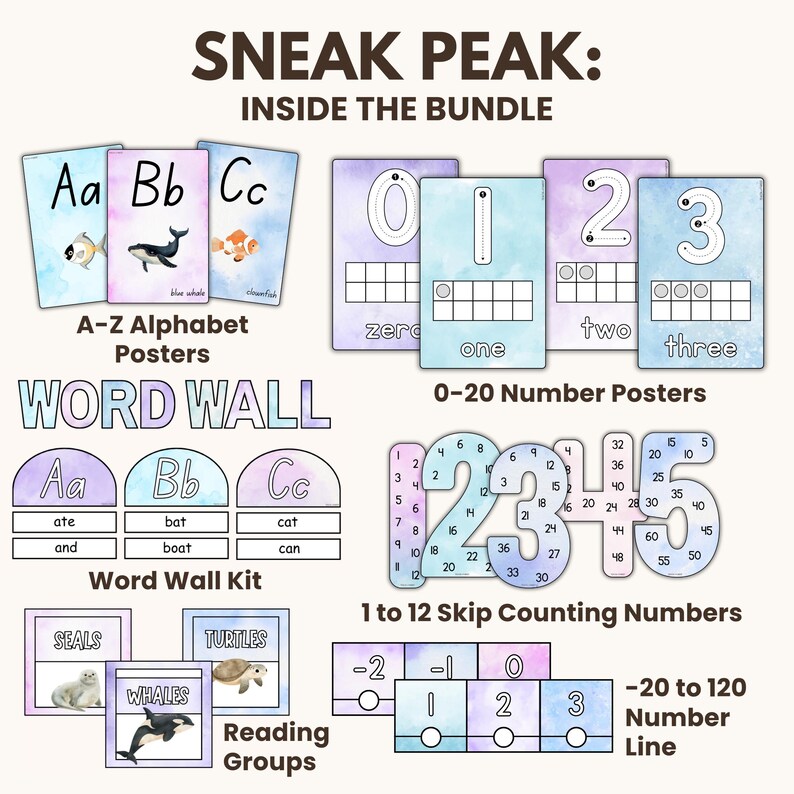 May include: A sneak peek inside a bundle of educational posters for kids. The posters feature a watercolor background with a pastel color scheme. The posters include the alphabet, numbers 0-20, skip counting numbers 1-12, and a number line from -20 to 120. The posters also include word wall cards and reading group cards.