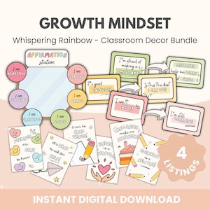Regenbooggroeimindset klasdecoratiebundel | Decordisplay sociaal en emotioneel leren | Regenboog klasdecor | Positieve bevestiging