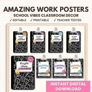 May include: A framed print featuring school-themed posters. The posters have a black and white composition notebook design with the words "Bright ideas LOADING!" and "AMAZING WORK" on them. The phrase "INSTANT DIGITAL DOWNLOAD" is also visible.