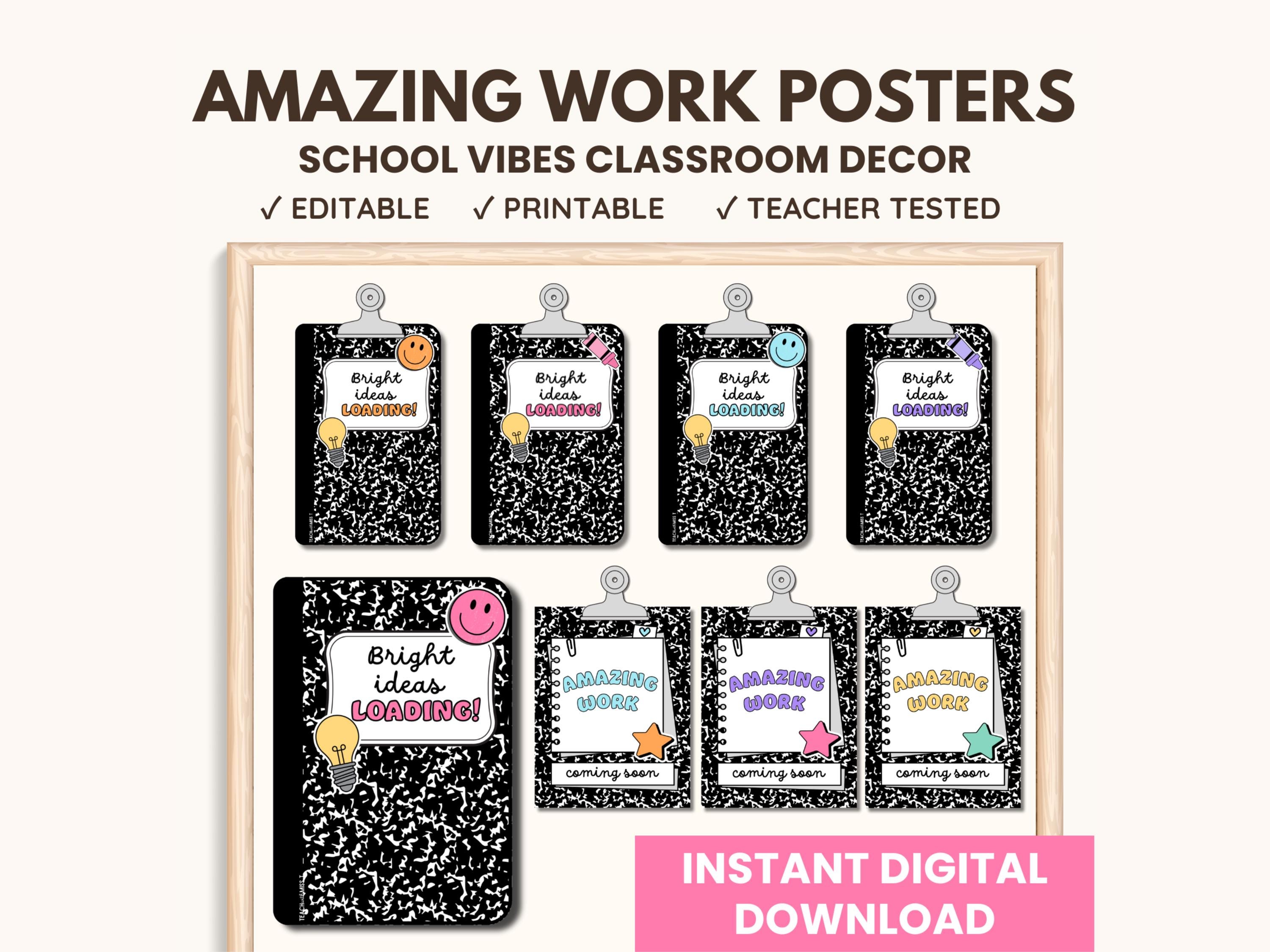 Retro School Vibes Classroom Posters | Amazing Work Coming Soon Posters | Composition Theme Classroom | Bulletin Board Kit