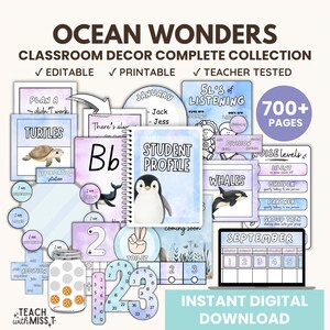May include: Ocean Wonders Classroom Decor Complete Collection, a digital download with over 700 pages of printable classroom decor. The image shows a variety of classroom decor items, including a student profile, a calendar, a noise level chart, and a whale chart. The decor is in a blue and purple color scheme with ocean-themed illustrations.